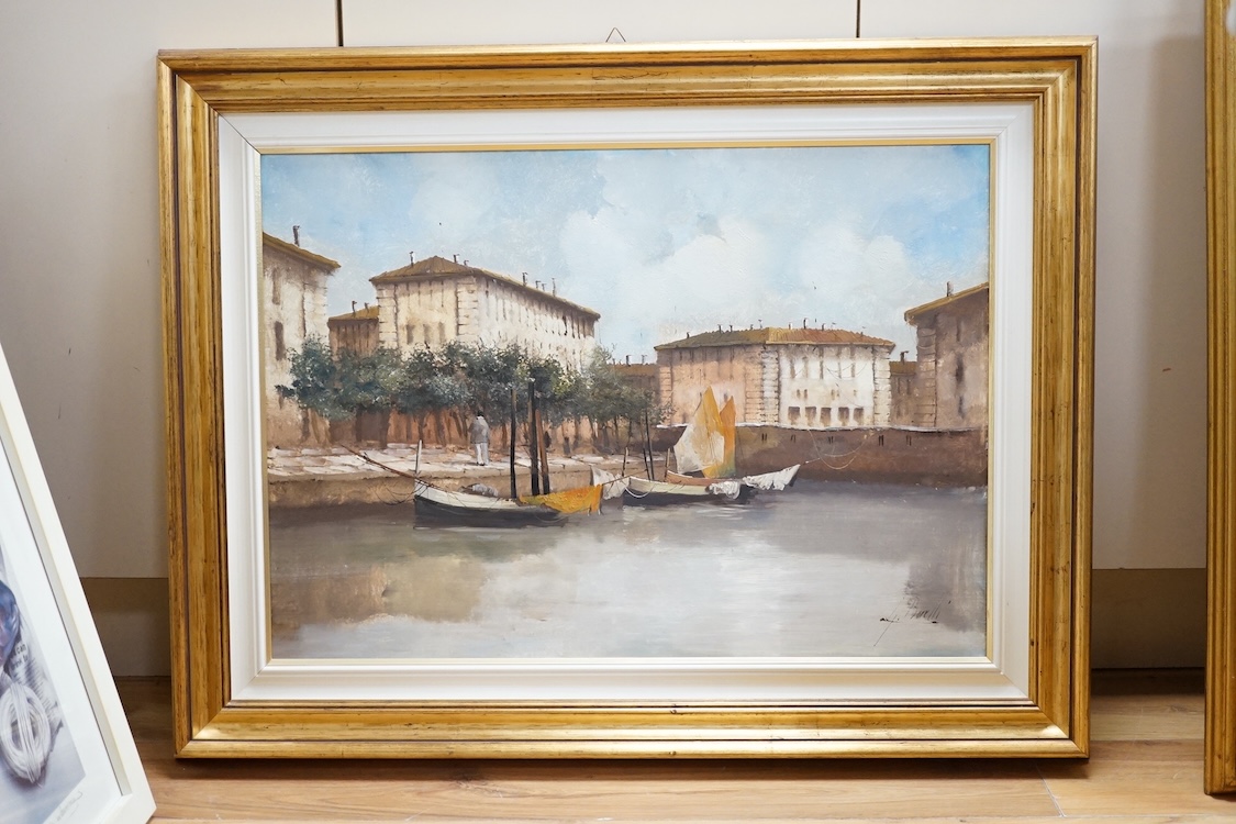 Guido Borelli (Italian, b.1952), oil on canvas, Venetian canal scene, signed, details verso. Condition - good